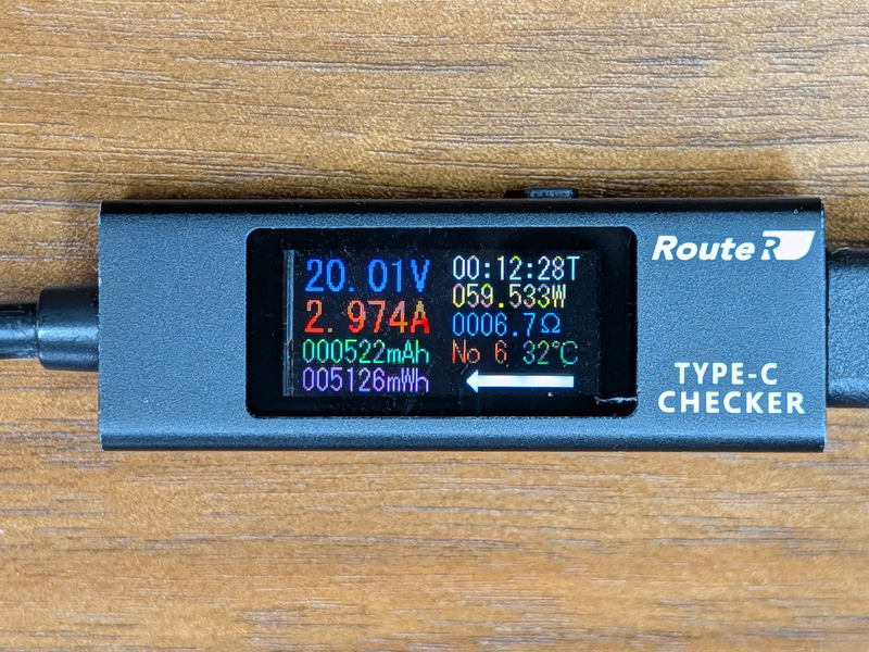 実際の充電速度もチェック。20V/3A前後で充電できている