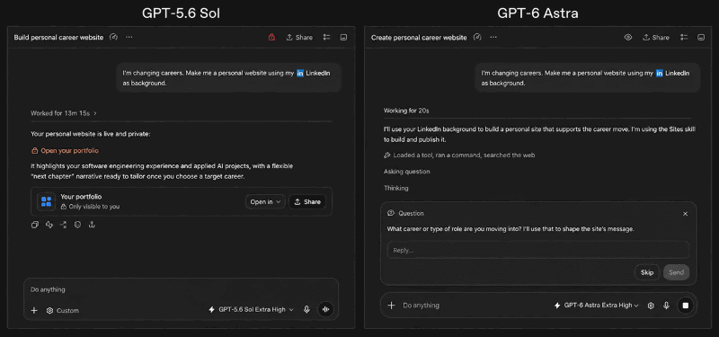 GPT-5.6 Sol(左)とGPT-6 Astra(右)に個人サイト作成を頼んだ画面の比較。Astraは作業を進めながら、結果を左右する不足情報だけを利用者に質問してくる