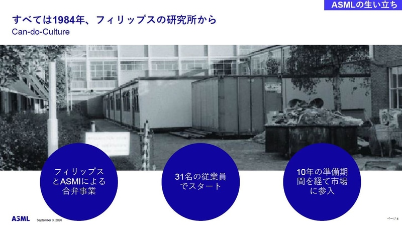 ASMLの生い立ち。2026年9月3日に東京で開催された記者説明会の配布資料から(以下同じ)