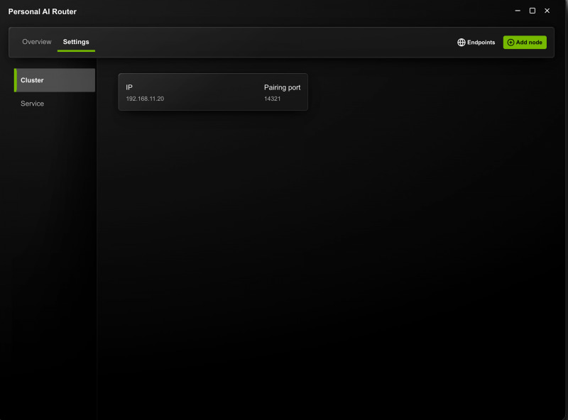 Settings > Cluster。このMacのIPアドレス: 192.168.11.20とPairing Port: 14321