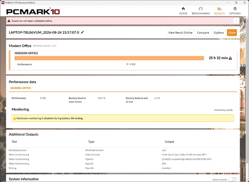 PCMark 10 Battery Profileの「Modern Office」の結果