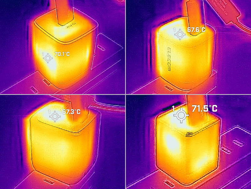 斜め方向から見てもっとも高温の箇所を撮影したもの。上段左がダイソー、上段右がエレコム、下段左がAnker、下段右がUGREEN(以下同じ)。UGREENの極小モデルがもっとも高温なのは当然として、より小型のエレコムとAnkerの2製品に本製品が負けているのはいただけない