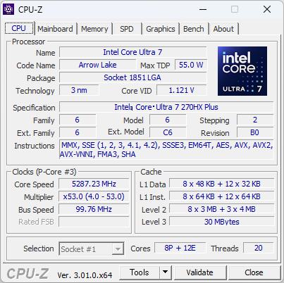 Intelの20コアCPU「Core Ultra 7 270HX Plus」。8基のPコアと12基のEコアを備える20コアCPUだ