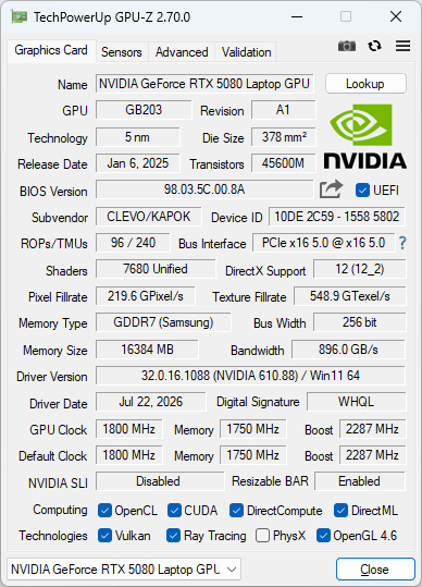 NVIDIAのハイエンドGPU「GeForce RTX 5080 Laptop GPU」。専用VRAMとして16GBのGDDR7メモリを備えている