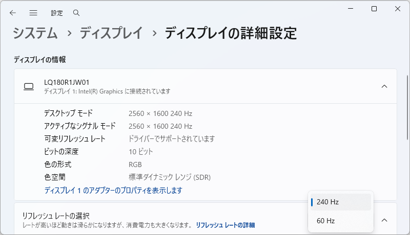 iGPUのIntel Graphics経由で接続した場合。240Hz駆動が可能で可変リフレッシュレートも利用可能だが、dGPU直結時より3D描画性能がやや低くなる