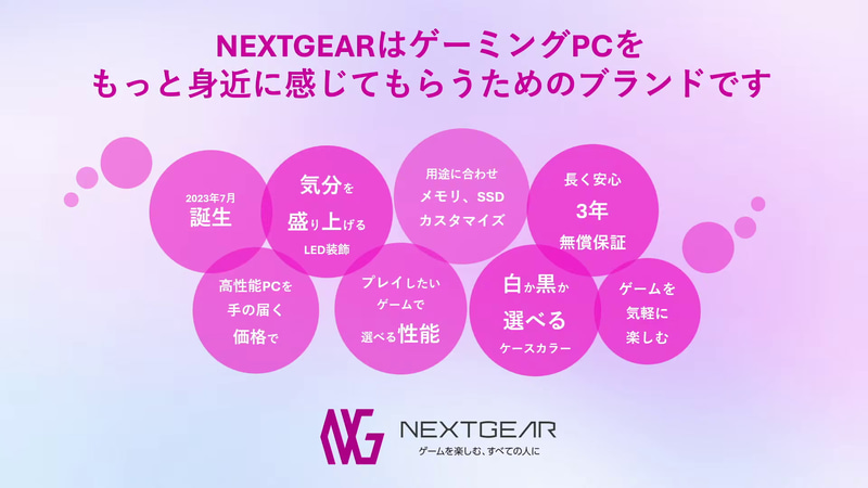 NEXTGEARのブランドコンセプト。性能や価格に加え、カスタマイズ、ケースカラー、保証なども含めて選びやすさを目指す
