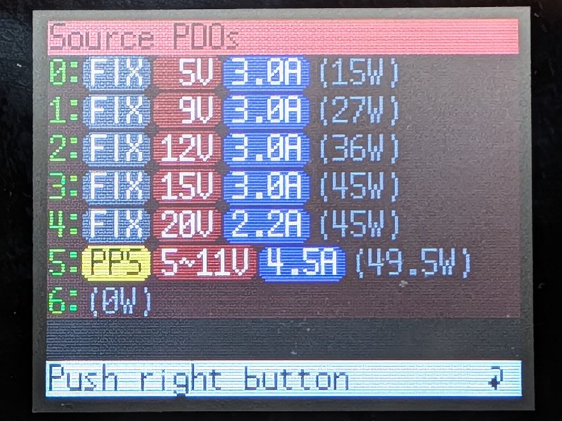 「USB Cable Checker3」でPDOをチェック。5～11V/4.5AのPPSにも対応していることが分かる