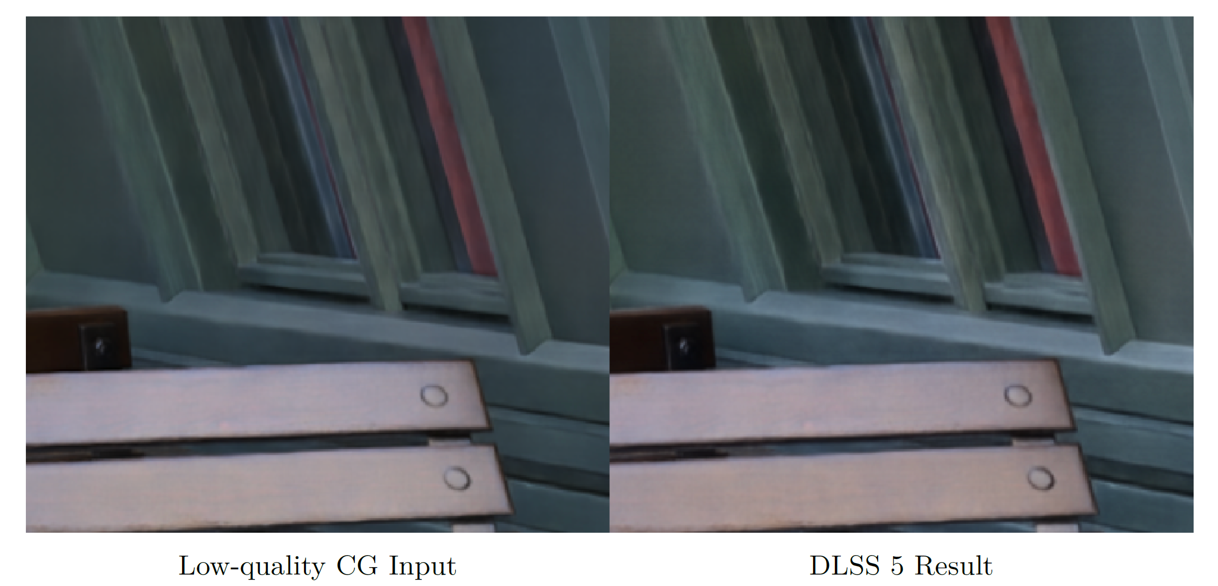 NVIDIAが出したDLSS 5の論文の図解より。歪んだ窓枠の画像(左)を、DLSS 5へ入力しても、その歪みは訂正されない。DLSS 5は「これは窓枠だから、本当はこういう完全な直線形状だったはずだ」と直すAIではないのだ