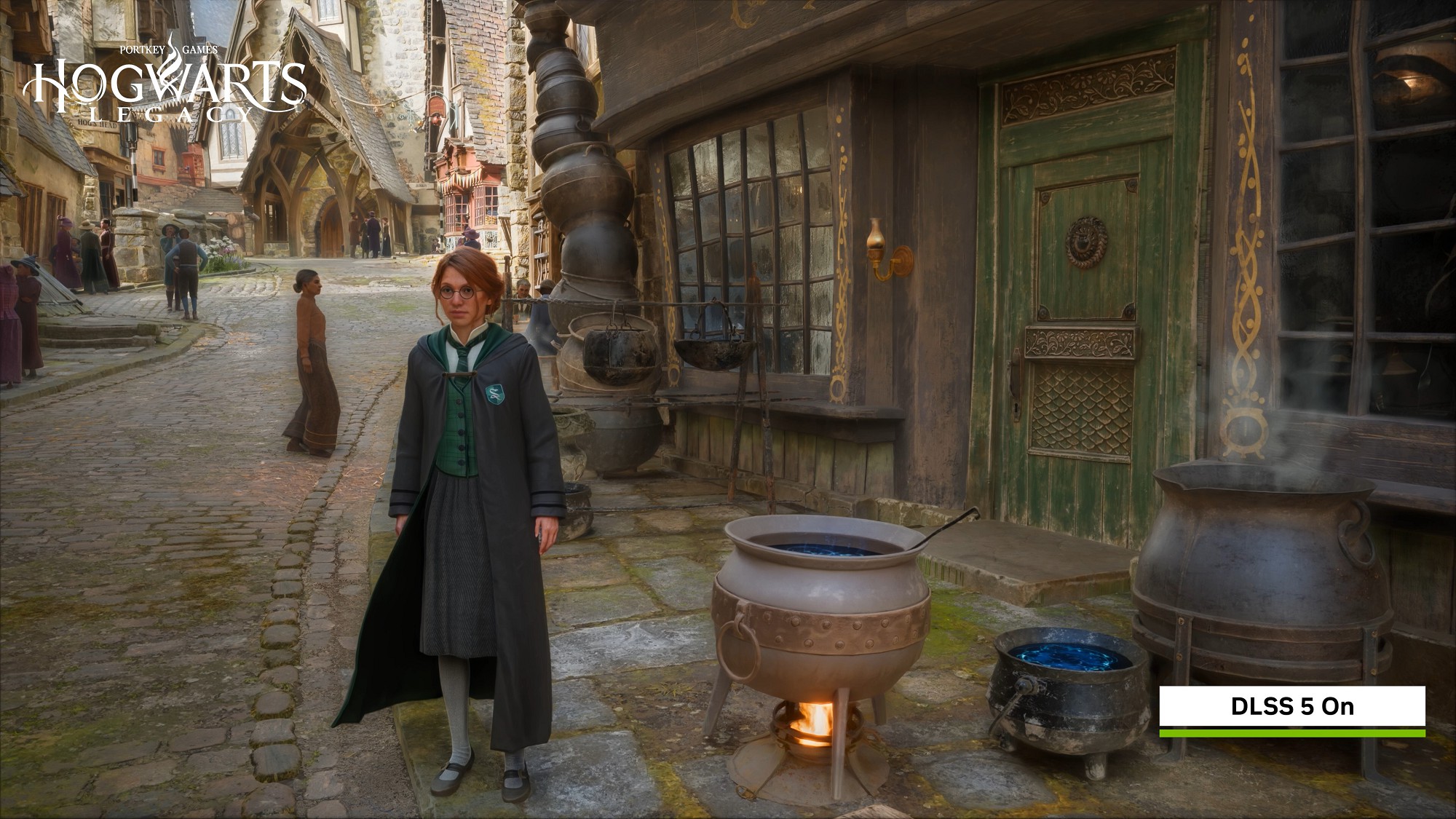 右側の積み上がった釜、火がくべられている釜、湯気を上げている釜の質感が、DLSS 5オンでは大幅に向上している