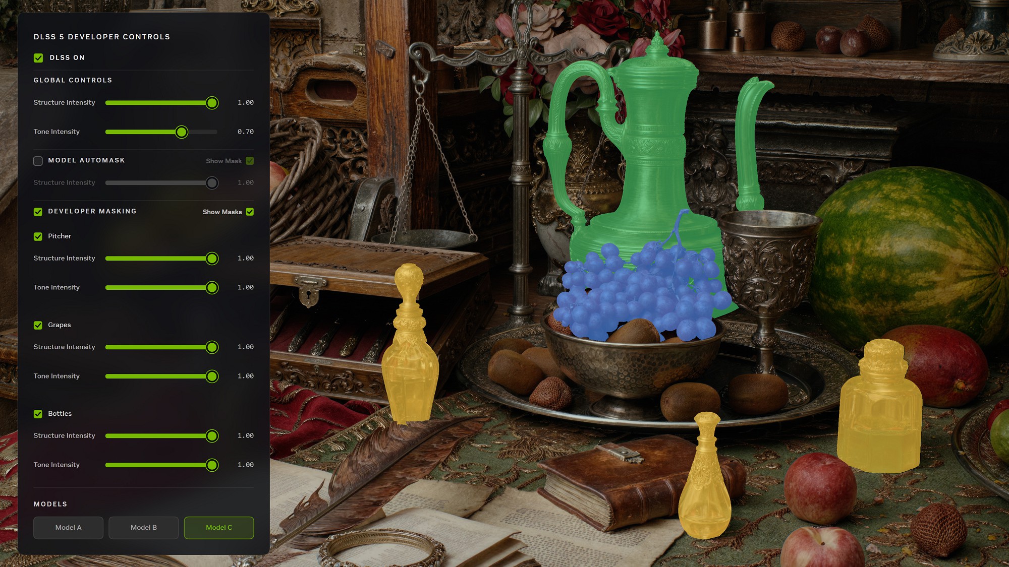 DLSS 5 SDKの画面。1ピクセル単位での「Structure×Tone」強度設定を、画面内の特定の材質表現について行ないたい場合は、ゲームエンジン側が運用しているマテリアルID、オブジェクトIDなどを利用して生成した、画面座標系の自主マスク(Engine-level Masking)をDLSS 5に入力できる
