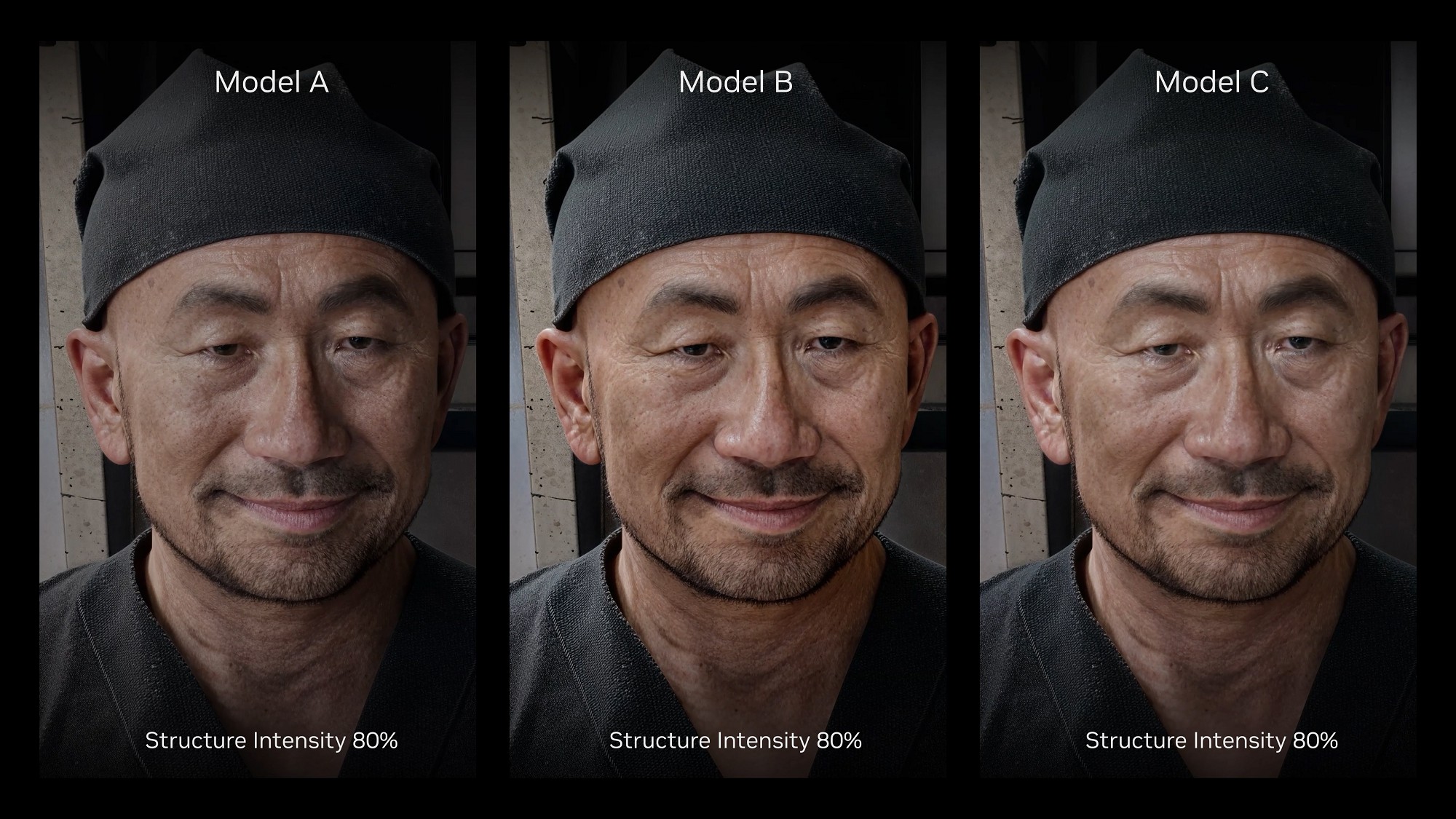 Structure Intensityを80%に設定した際、AIモデルA/B/Cの出力の違い