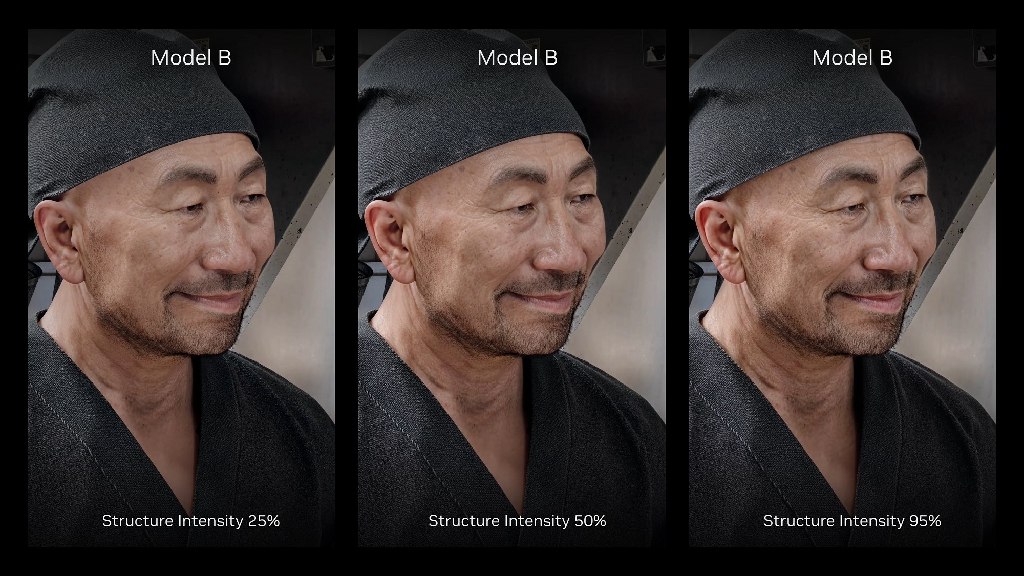 採用AIモデルを「B」として、Structure Intensityを25%/50%/95%に設定した際の見え方の違い
