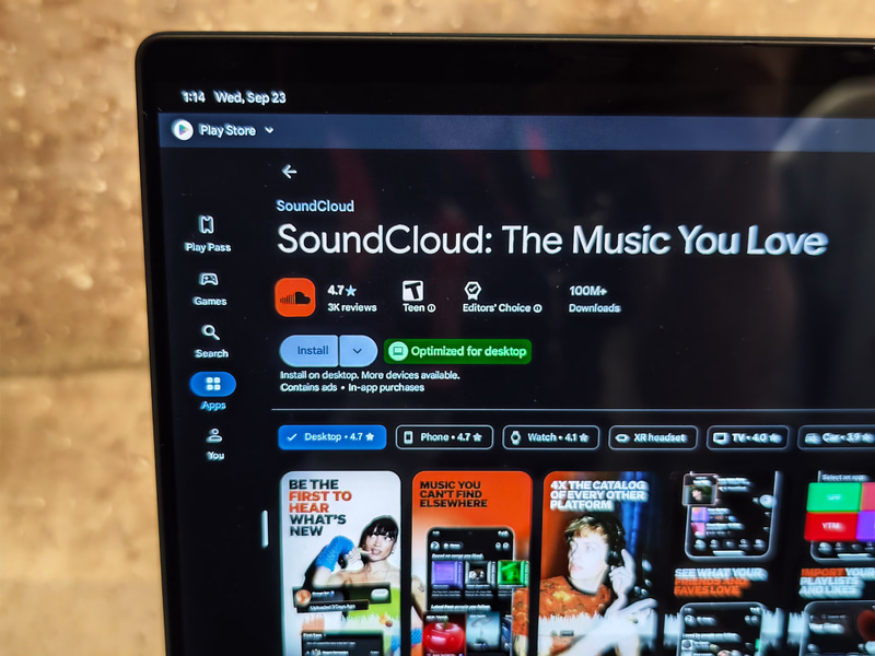 Play Storeの表示、Googlebookのデスクトップ表示に最適化されているアプリには「Optimized for desktop」と表示される