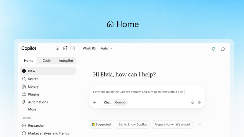 Copilotの「Home」機能の画面、3つのタブのうちの1つになる