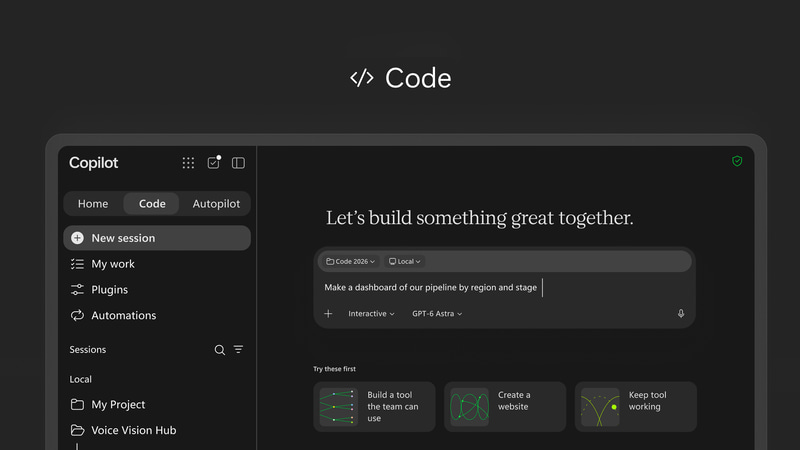 Codeの画面、GitHub Copilotをベースに提供される