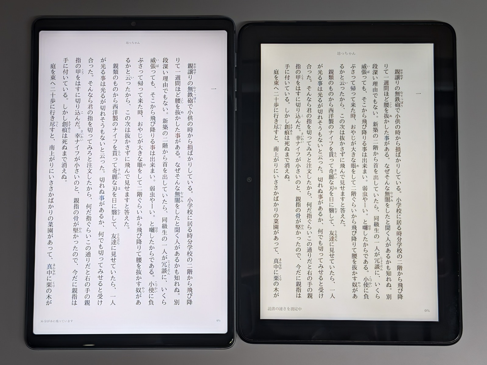 Fire HD 8(右)との比較。1行あたりの文字数が多過ぎると感じるならばアプリ側で調整するとよい