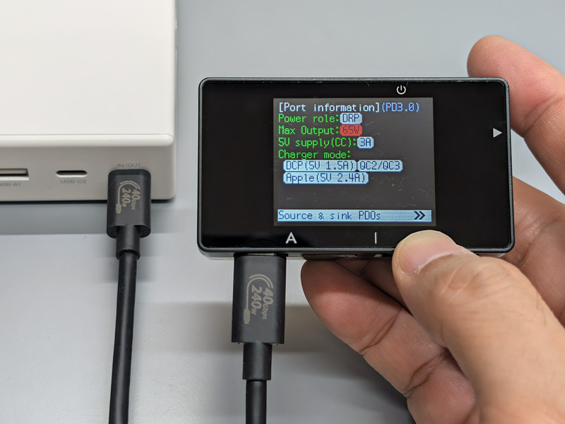 「USB Cable Checker3」でポート情報をチェック。最大65Wの出力に対応する