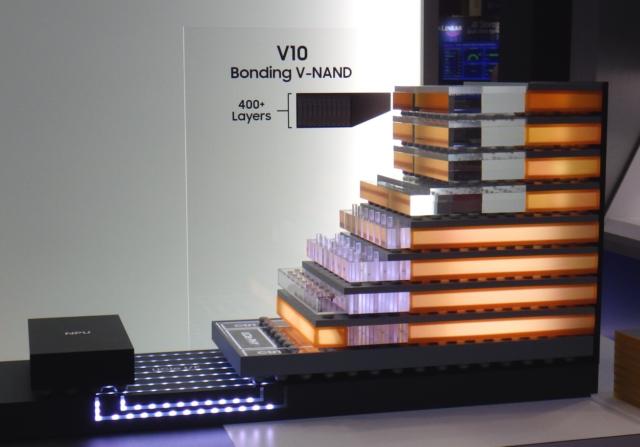Samsung Electronicsがメモリとストレージのイベント「FMS(Future of Memory and Storage)」(2026年8月4日から6日、米国カリフォルニア州のシリコンバレーで開催)の展示会に出品した高性能フラッシュモジュール「zNAND-O」の模型。右側がフラッシュダイを積層したモジュール。NANDフラッシュメモリのダイは8枚(上半分の4枚は一部のみ)、ベースダイは1枚(最下層)。フラッシュダイの内部にはTSV(シリコン貫通電極)を設けて表裏を接続している。ダイ間の接続はマイクロバンプ。左下はNPU(Neural Processing Unit)。これらを同一のパッケージに封止する。展示会の会場で筆者が撮影したもの
