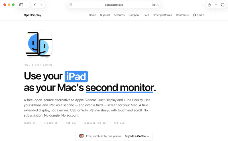 OpenDisplayの公式サイト。「No account, ever」「Free & open source」を掲げるほか、SidecarやDuet Display、Luna Displayとの比較表も掲載されています