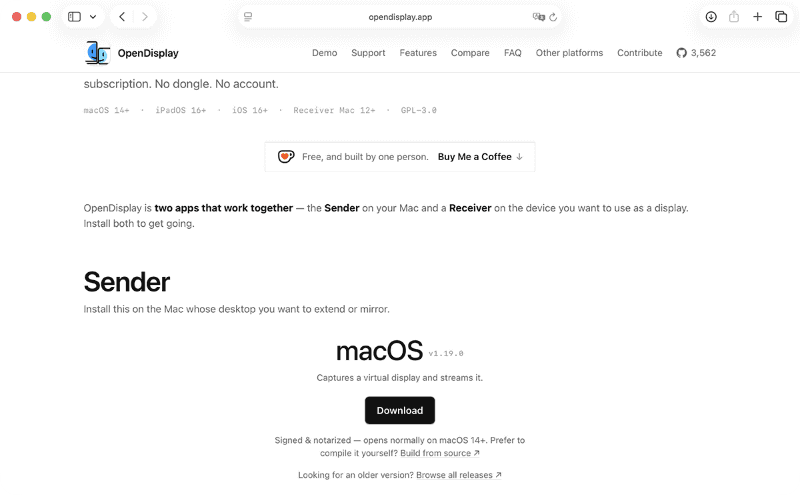 Mac版のOpenDisplayは、公式サイトの[Sender]にある[Download]ボタンからダウンロードします(2026年9月下旬時点の最新版はv1.22.1)