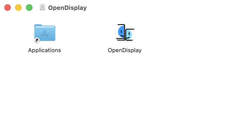 ダウンロードしたDMGファイルを開き、「OpenDisplay」を[アプリケーション]フォルダへドラッグ&ドロップすればインストールは完了です