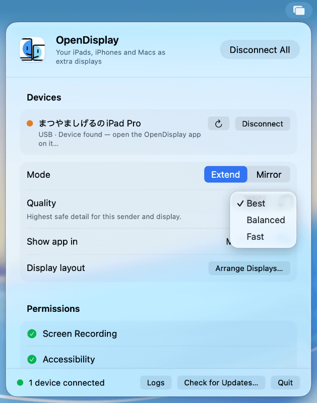OpenDisplayの設定画面では[Devices]欄で接続のオン/オフ、[Mode]欄で拡張ディスプレイとミラーリングの切り替え、[Quality]欄で表示品質の変更が可能です