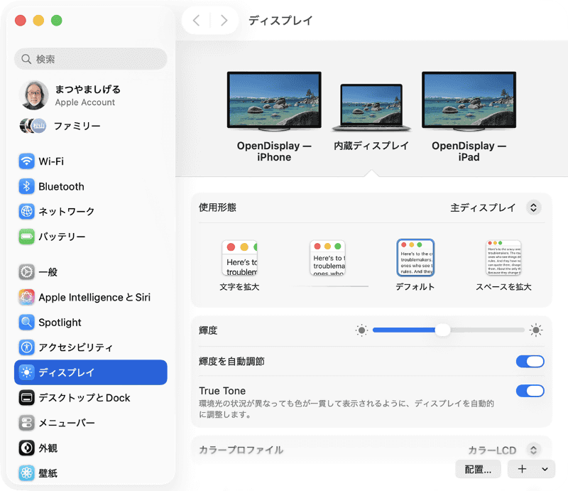 各ディスプレイの位置は、「システム設定」の[ディスプレイ]→[配置]で調整できます
