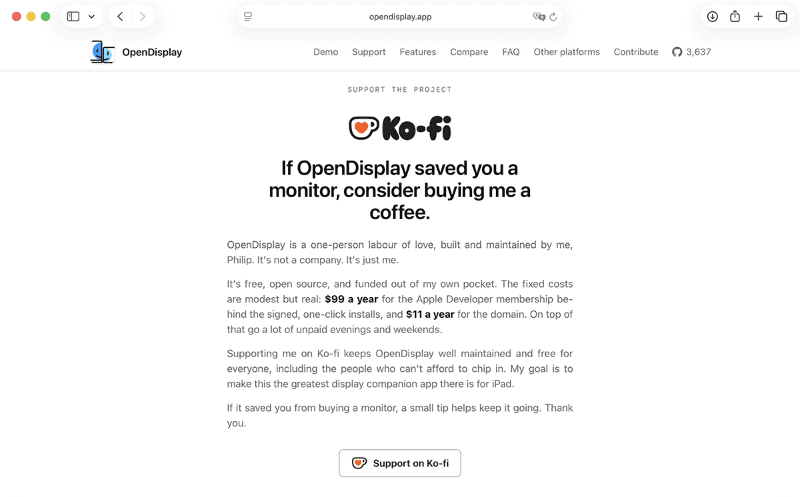 OpenDisplayの公式サイトでは、Ko-fiを通じて開発者を支援できます。金額は任意で設定可能です