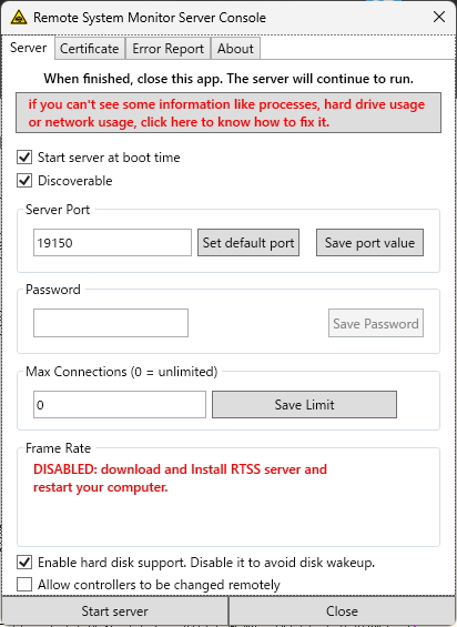 PCのシステムモニターアプリ「TRIGONE」。PC側のアプリを起動するとパスワードなど詳細な設定が行なえる。フレームレートのモニタリングには別途RTSSサーバーの動作が必要になる