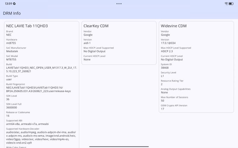 「DRM Info」で、Widevine対応状況を確認したところ。Security LevelがLV1になっていることが分かる