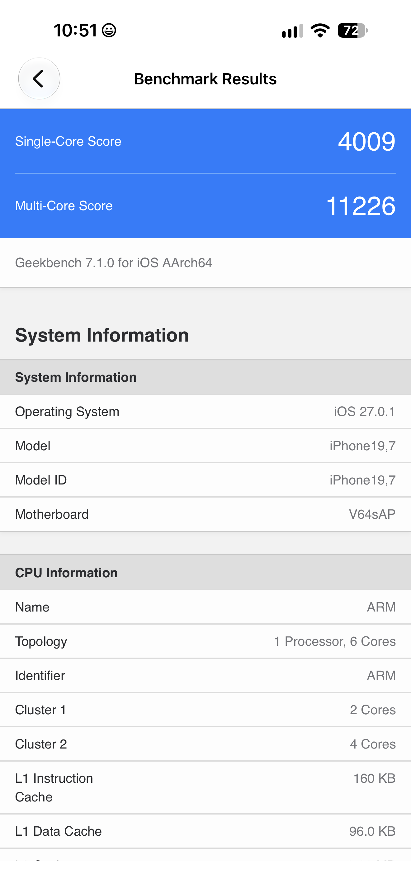 Geekbench 7.1.0のCPUスコアはSingle-Coreが4009、Multi-Coreが11226