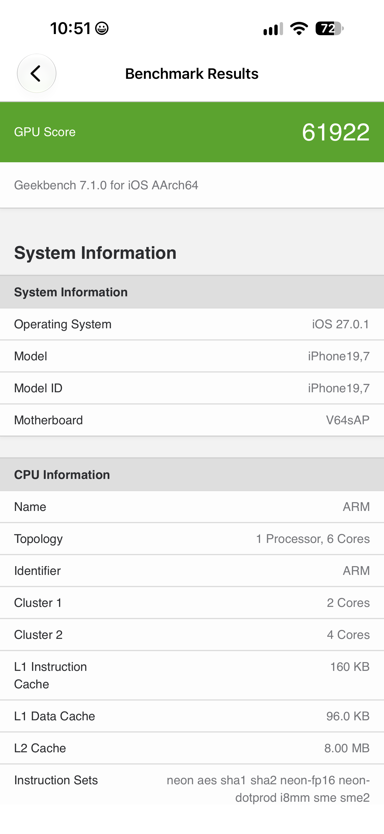 Geekbench 7.1.0のGPUスコアは61922を記録した