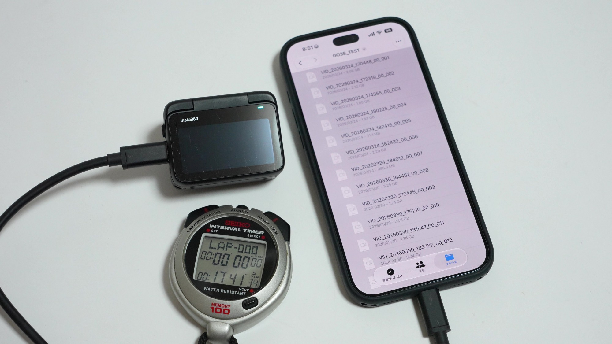 36.5GBの動画をGO 3SからiPhone 18 Pro Maxへ有線転送。17分41秒41でコピーは完了した