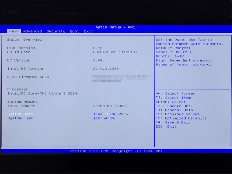 BIOS / Main。起動時[DEL]キーで表示