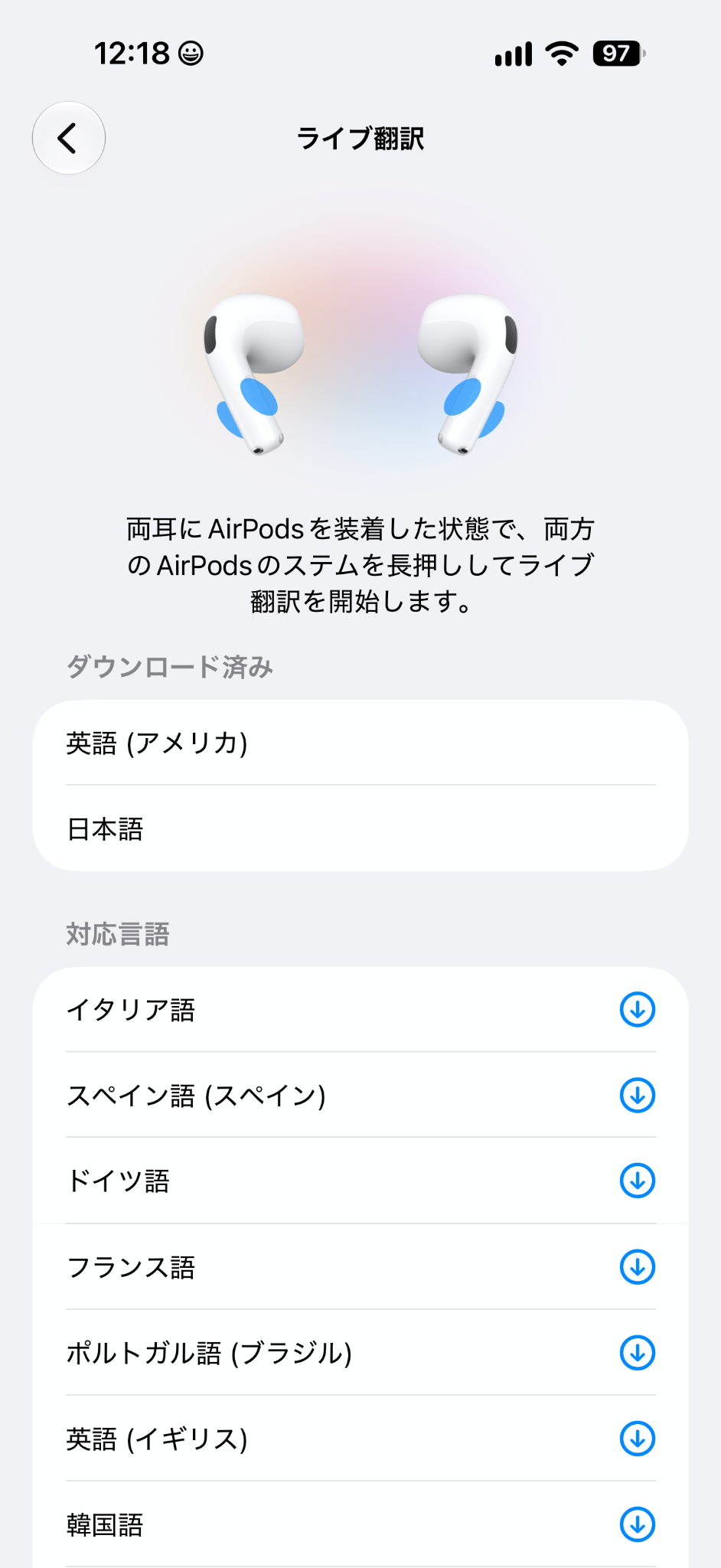 ライブ翻訳の設定画面。日本語と英語の言語データはダウンロード済み