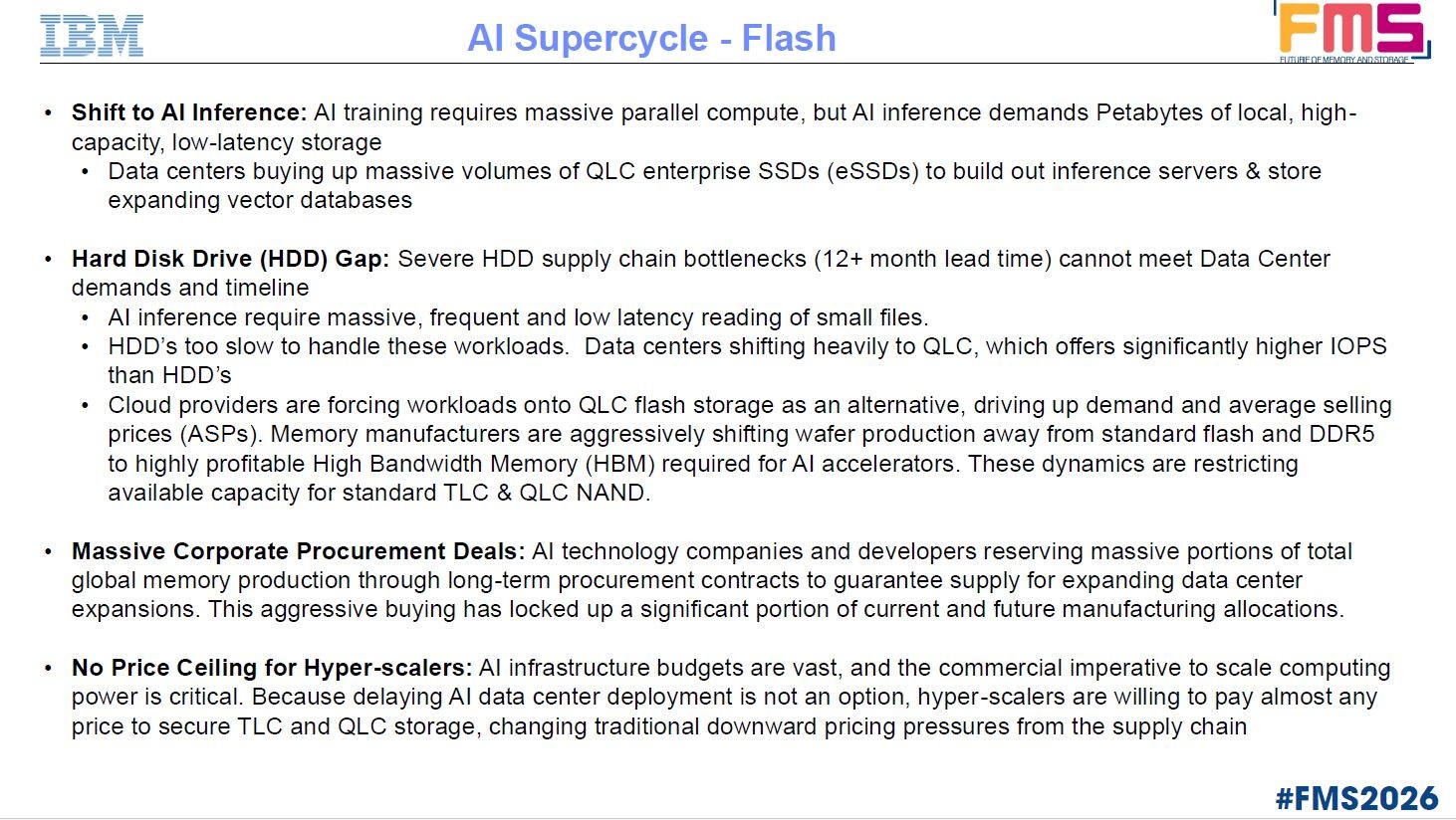 フラッシュメモリのAIスーパーサイクル。AI推論向けハードウェアはQLC方式の大容量エンタープライズSSDを要求する。AI推論では低遅延の応答を求めるので、HDDでは代替しづらい。メモリとストレージのイベント「FMS」でIBMが公表した講演スライドから