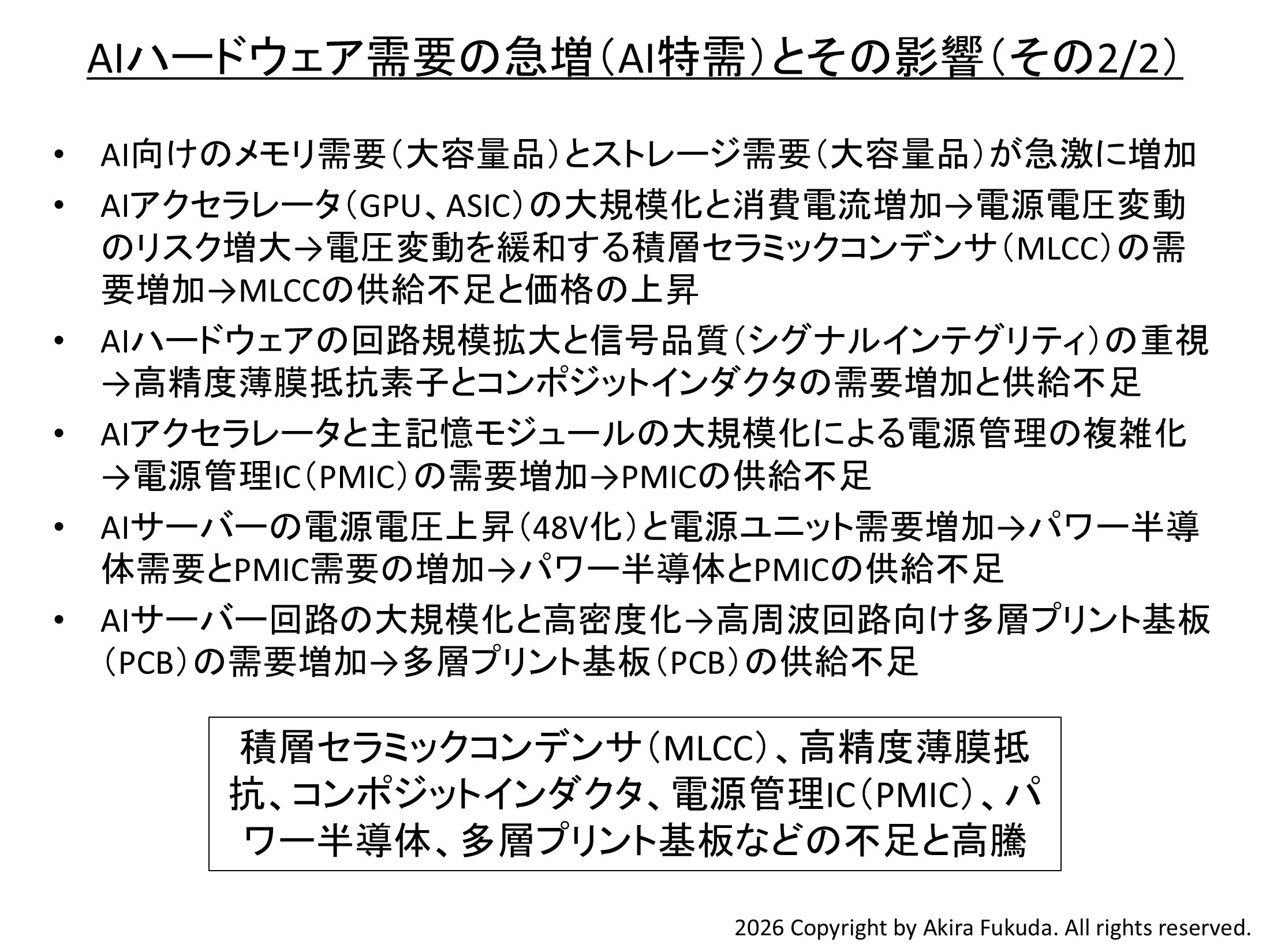 AIハードウェア需要の急増(AI特需)とその影響(その2/2)。積層セラミックコンデンサ(MLCC)、高精度薄膜抵抗素子、コンポジットインダクタ、電源管理IC(PMIC)、パワー半導体、高周波対応多層プリント基板(PCB)なども需要の急拡大と供給不足が生じた。関係各社の公表資料から筆者がまとめたもの