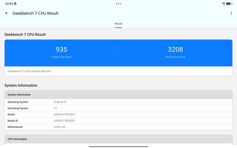 Geekbench 7はMulti-Core Scoreが3,208、Single-Core Scoreが935を記録