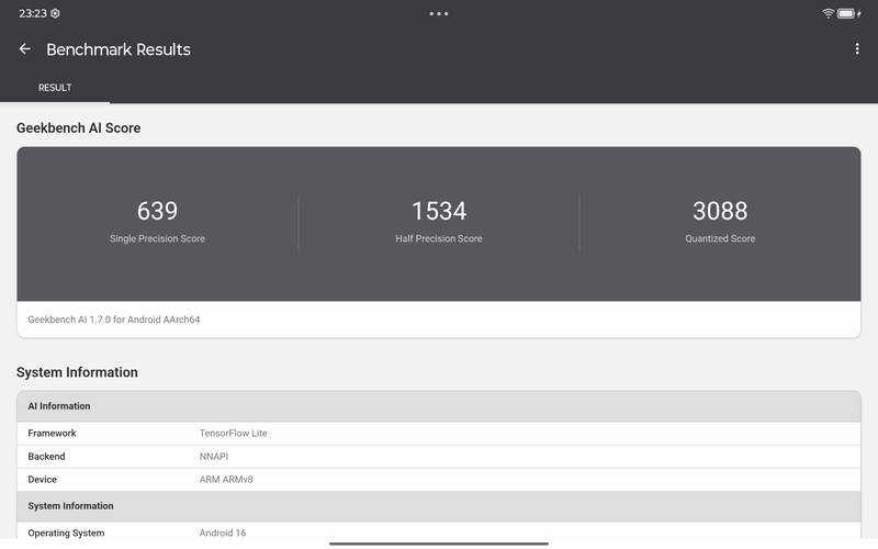 Geekbench AIはSingle Precisionが639、Half Precisionが1,534、Quantizedが3,088を記録