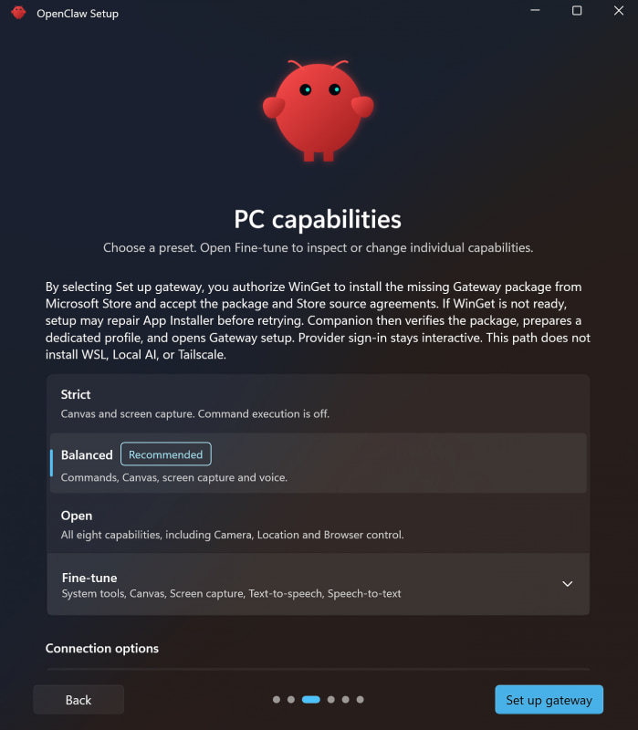 OpenClawのインストール中の様子、これまでのWindowsアプリと同じようなUIでポチポチ押していくだけで設定が済んでいく