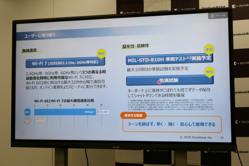 Wi-Fi 7搭載、MIL-STD-810H準拠の堅牢性試験実施、キーボード面の防滴性能などにより、シーンを選ばず、早く、強く、安心して利用できる