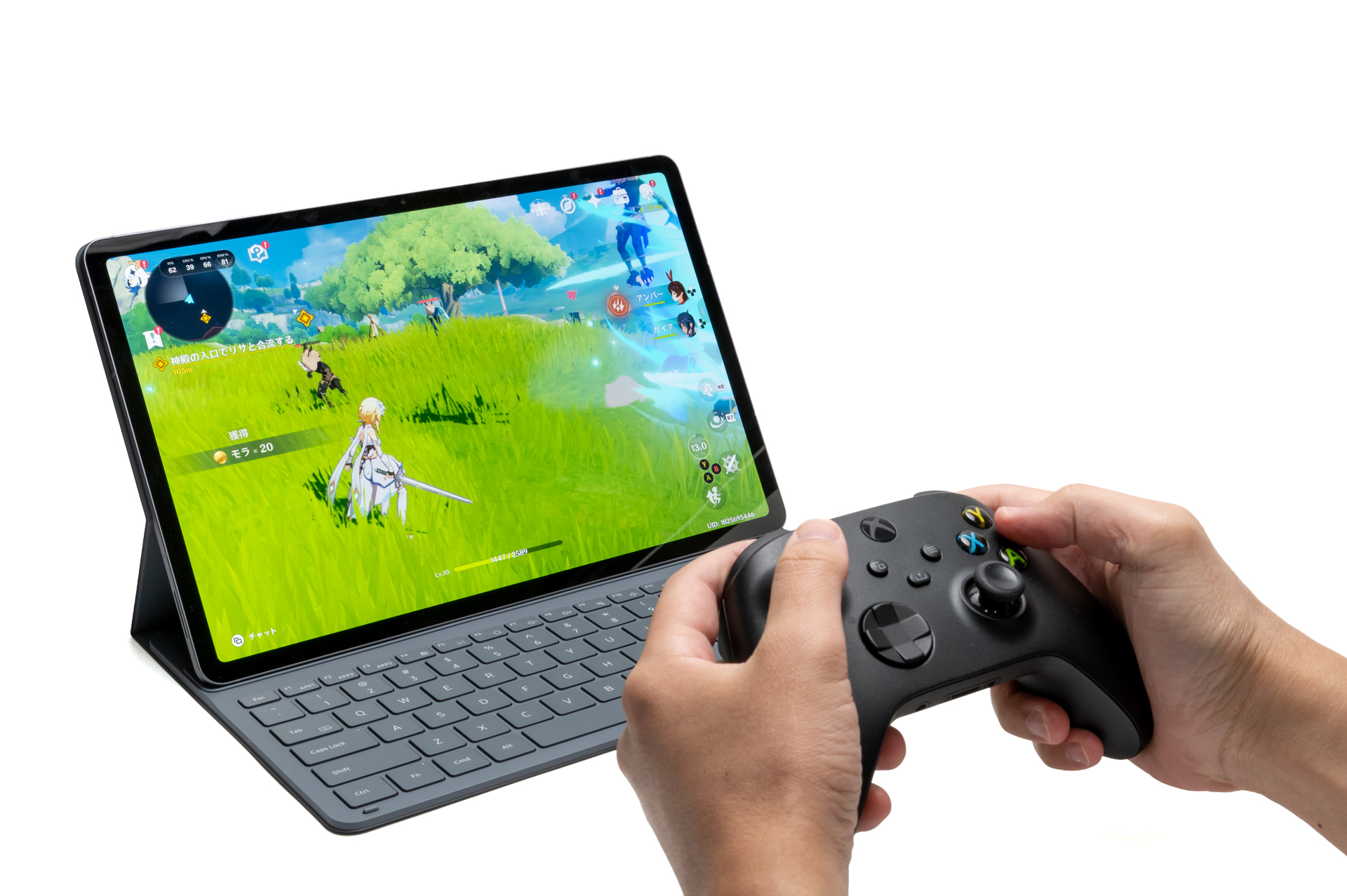 S12+をスタンドで立て、Xboxワイヤレスコントローラで原神をプレイ