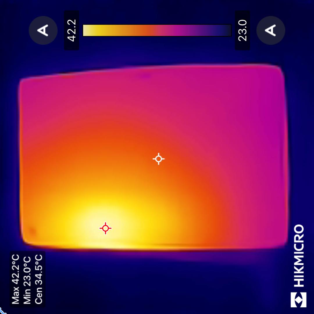 ストレステスト終了直後のS12+の背面温度。最高42.2℃、中央34.5℃