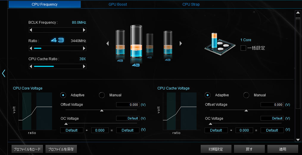 オーバークロック設定画面もグラフィカルで分かりやすい