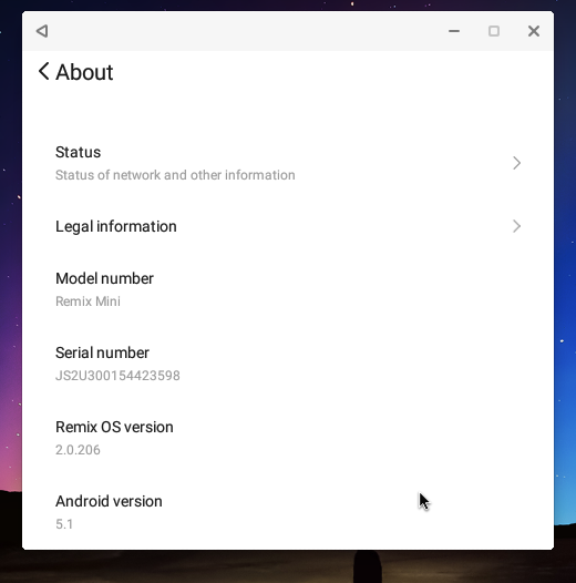 Settings/About。Remix OSのバージョンは2.0.206。Androidのバージョンは5.1