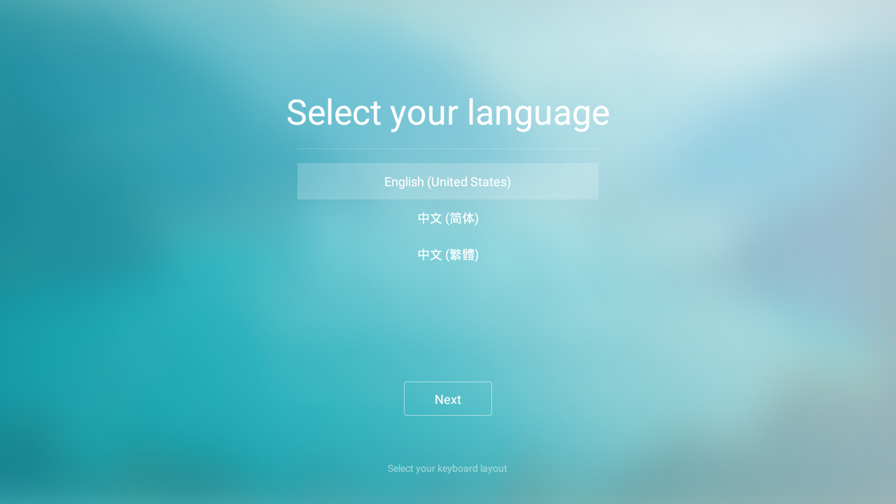 言語の選択。このタイミングでは英語と中国語しかない