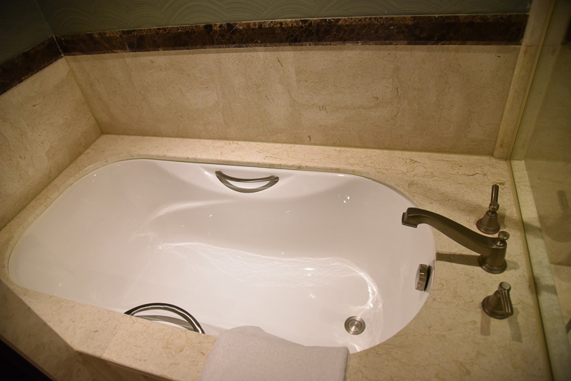 バスルームは大理石が採用され、かなり広々な空間。ガラス張りのウォークインシャワーとバスタブ