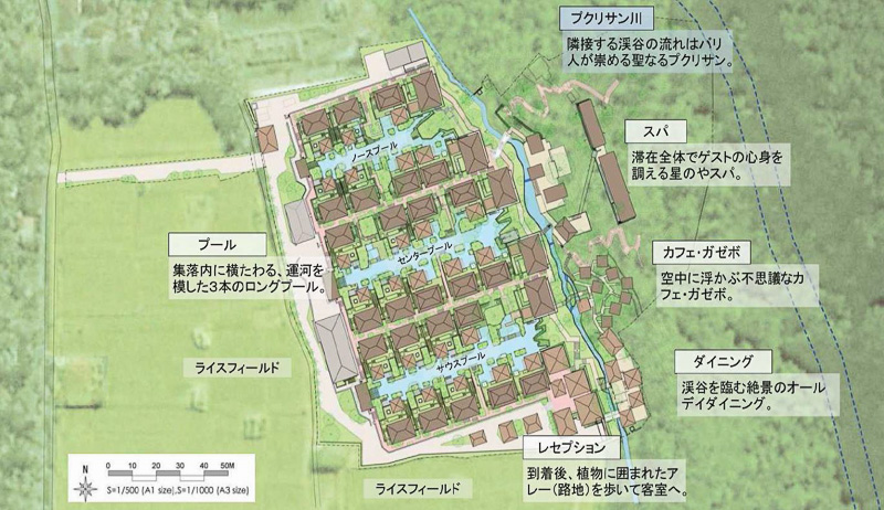 約3ヘクタールという広大なエリアにヴィラを30室配し、それを運河プールがつないでいる（画像提供：星野リゾート）