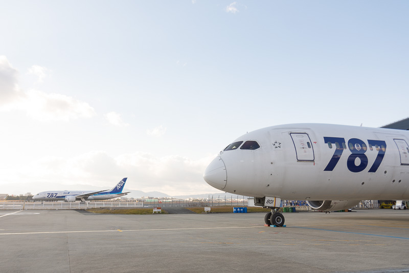 MRO Japanの前をトリトンブルー塗装＋「787」マーキングのANA機が通過