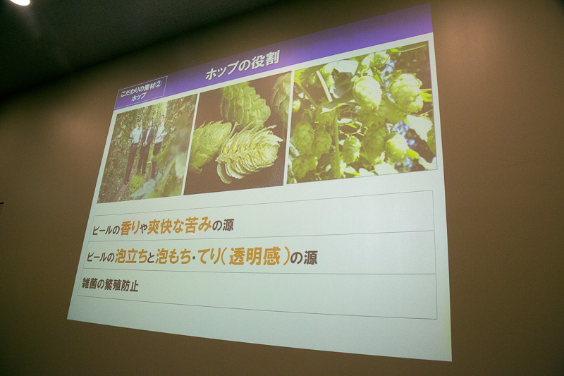ビールの香りや爽快な苦み、泡立ち、泡もち、透明感の源になるホップについて。「ザ・プレミアム・モルツ」では醸造家が毎年産地へ出向いて、選び抜いたその年の出来のよい欧州産アロマホップを使っている。そのなかでも特に高級品と呼ばれるファインアロマホップも重ねて使用する。仕込み行程において、煮沸の前半にホップを添加して良質な苦みを作り出し、煮沸が終わったあと、ファインアロマホップを加えることで華やな香りを作り出している